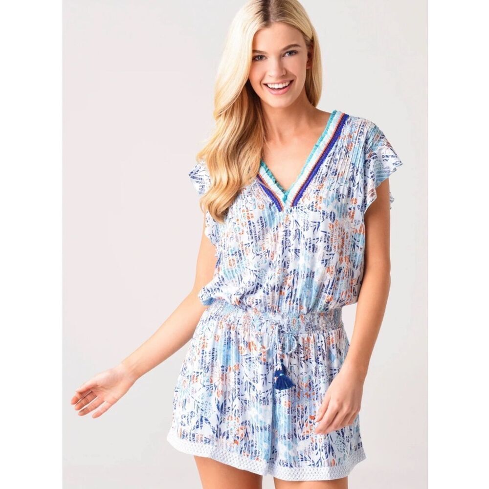 Poupette St Barth Printed Tassel Trim Romper Cover-Up XS Boho Resort NWOT